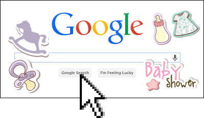 Google homepage decorated with baby graphics